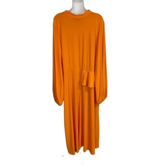 Plus Size 26, 4X Orange ELOQUII Dress Tie Neck Asymmetrical Peplum Long Sleeve - Picture 3 of 5